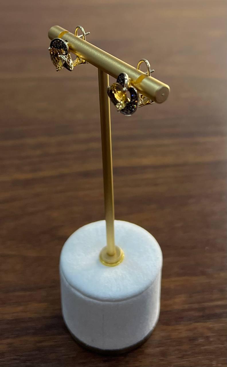 Amber Orange Citrine Diamond Pave Set Flower Floral 14K Yellow Gold Earrings