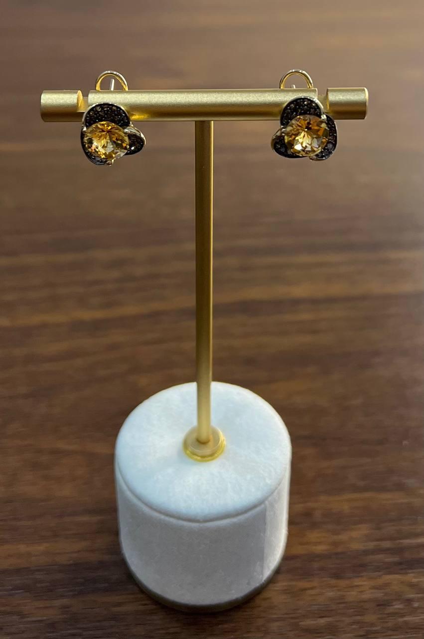 Amber Orange Citrine Diamond Pave Set Flower Floral 14K Yellow Gold Earrings