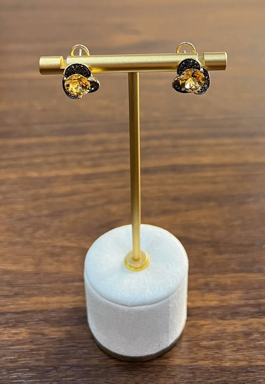 Amber Orange Citrine Diamond Pave Set Flower Floral 14K Yellow Gold Earrings