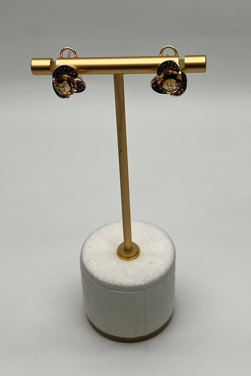 Amber Orange Citrine Diamond Pave Set Flower Floral 14K Yellow Gold Earrings