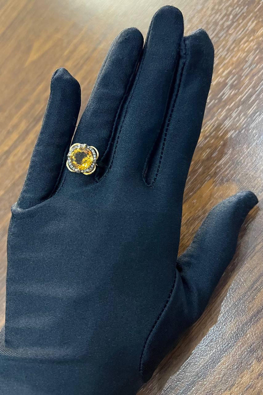 Amber Orange Citrine Diamond Pave Set Flower Floral 14K Yellow Gold Ring