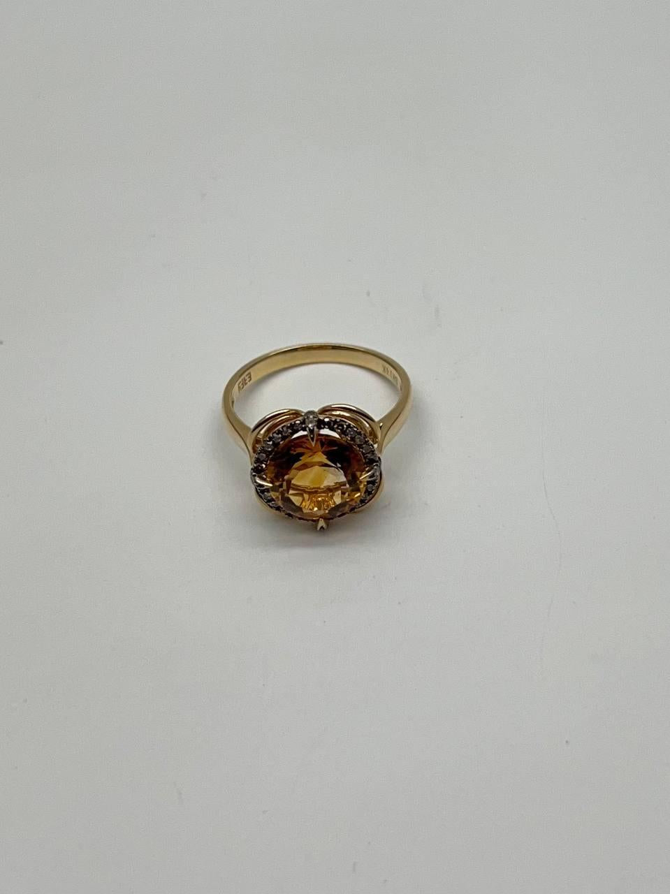 Amber Orange Citrine Diamond Pave Set Flower Floral 14K Yellow Gold Ring