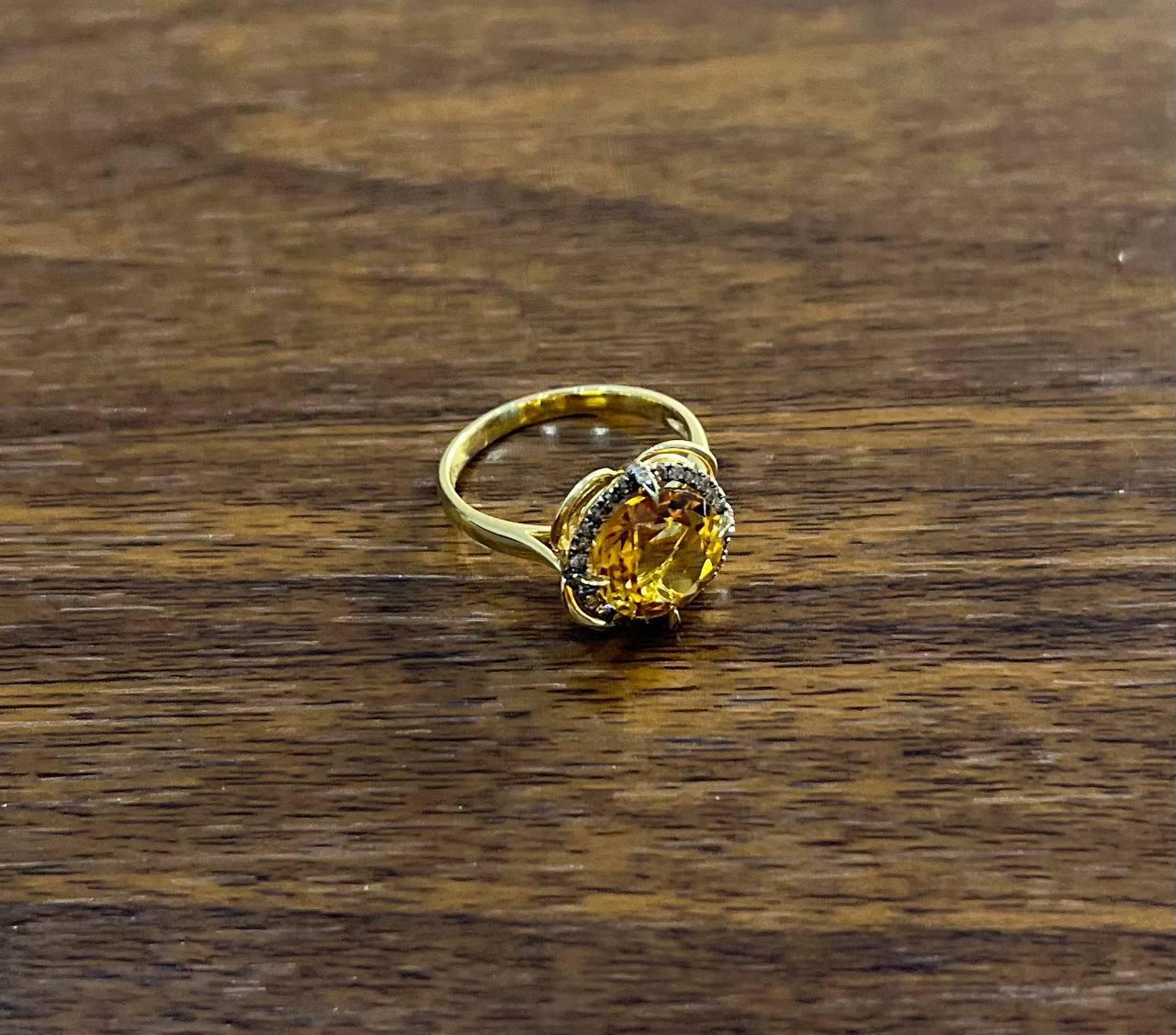 Amber Orange Citrine Diamond Pave Set Flower Floral 14K Yellow Gold Ring