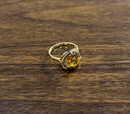 Amber Orange Citrine Diamond Pave Set Flower Floral 14K Yellow Gold Ring
