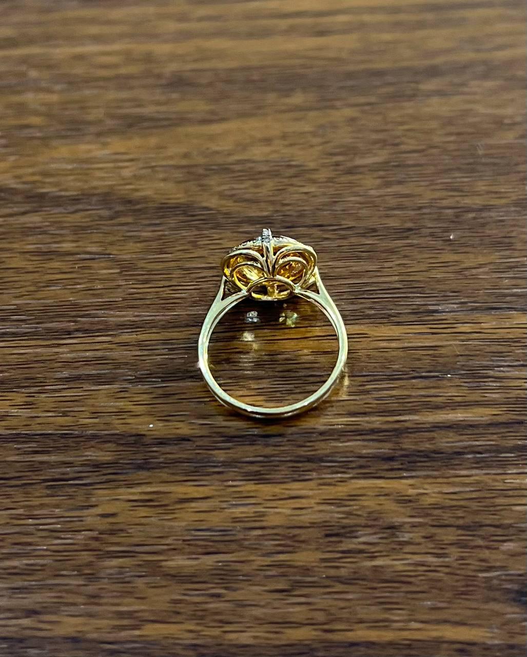 Amber Orange Citrine Diamond Pave Set Flower Floral 14K Yellow Gold Ring