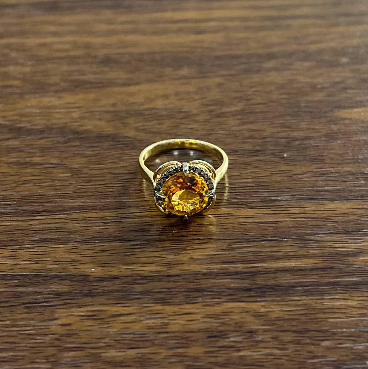 Amber Orange Citrine Diamond Pave Set Flower Floral 14K Yellow Gold Ring