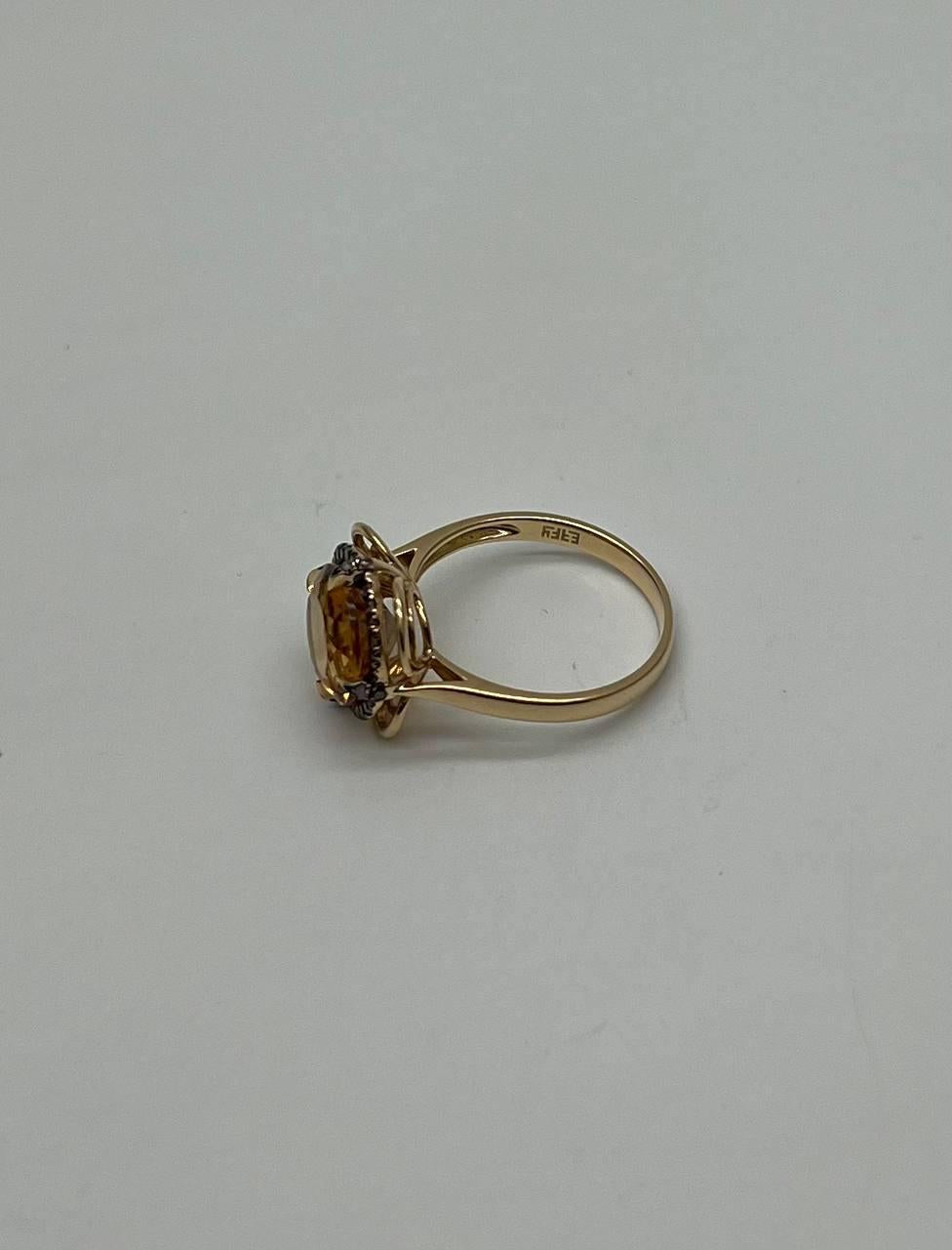 Amber Orange Citrine Diamond Pave Set Flower Floral 14K Yellow Gold Ring