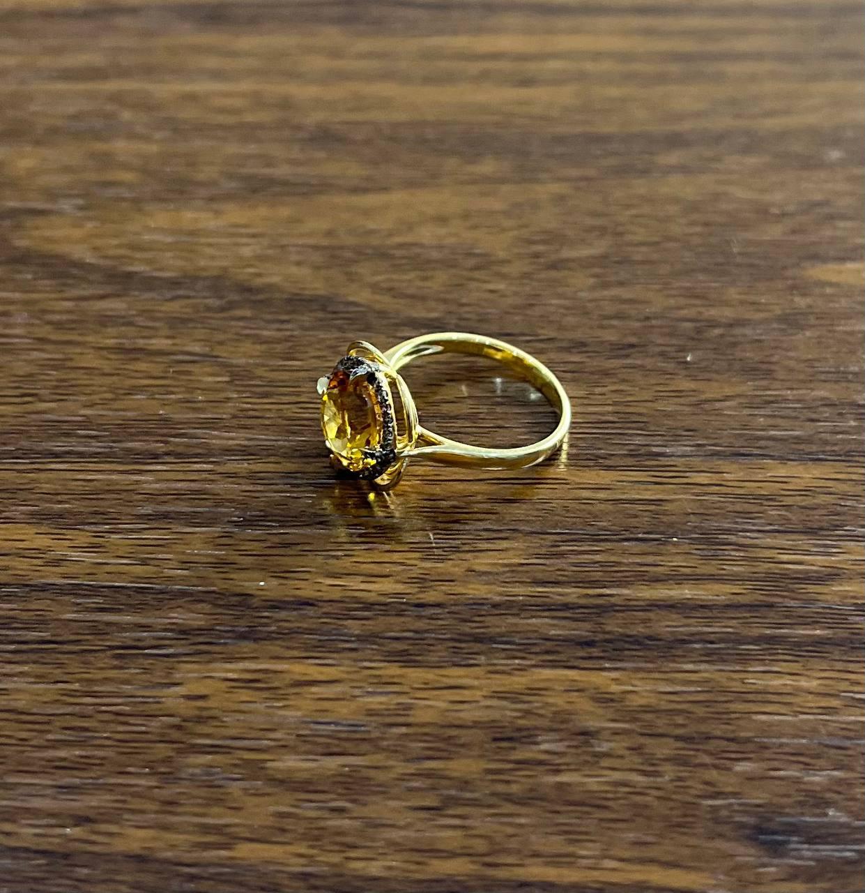 Amber Orange Citrine Diamond Pave Set Flower Floral 14K Yellow Gold Ring