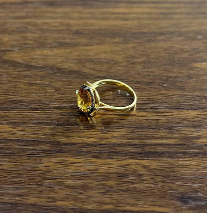 Amber Orange Citrine Diamond Pave Set Flower Floral 14K Yellow Gold Ring