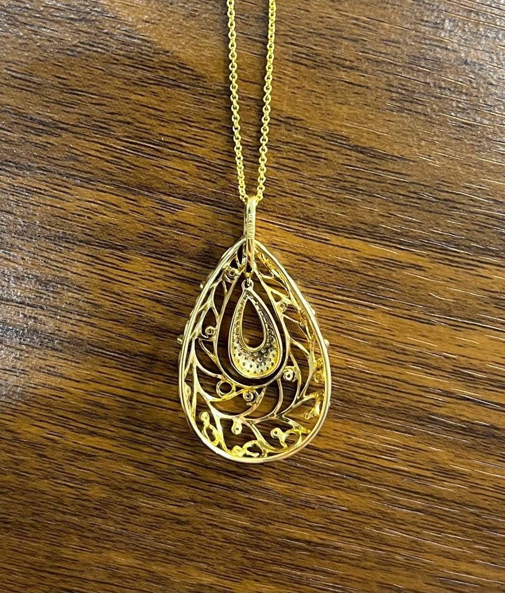 Diamond Nature Inspired Branch Scroll Leaf Pave Set 14K Gold Pendant Necklace