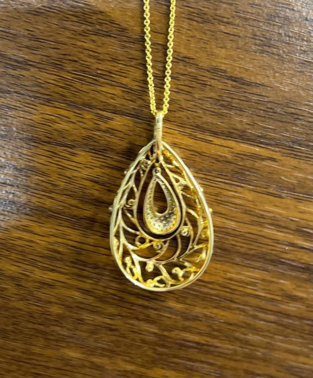 Diamond Nature Inspired Branch Scroll Leaf Pave Set 14K Gold Pendant Necklace