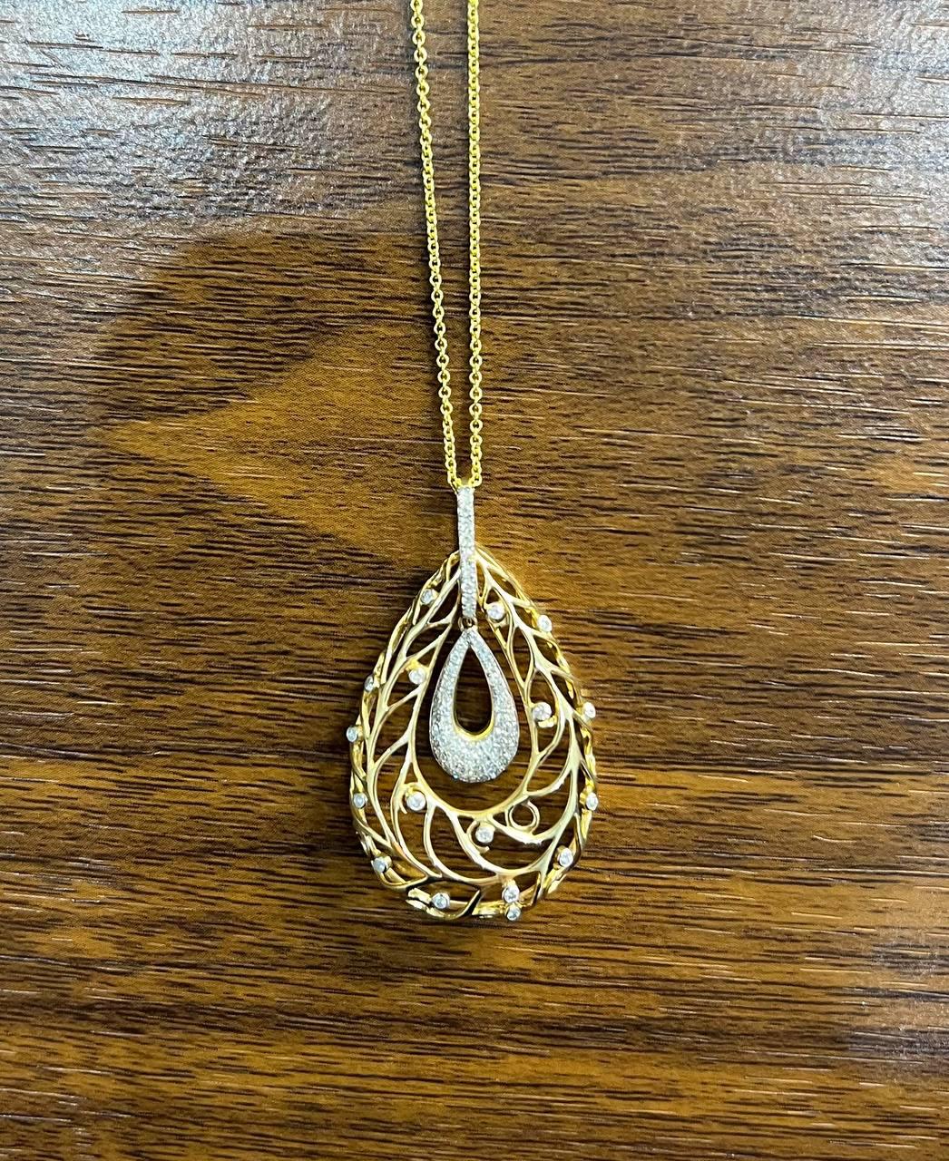 Diamond Nature Inspired Branch Scroll Leaf Pave Set 14K Gold Pendant Necklace