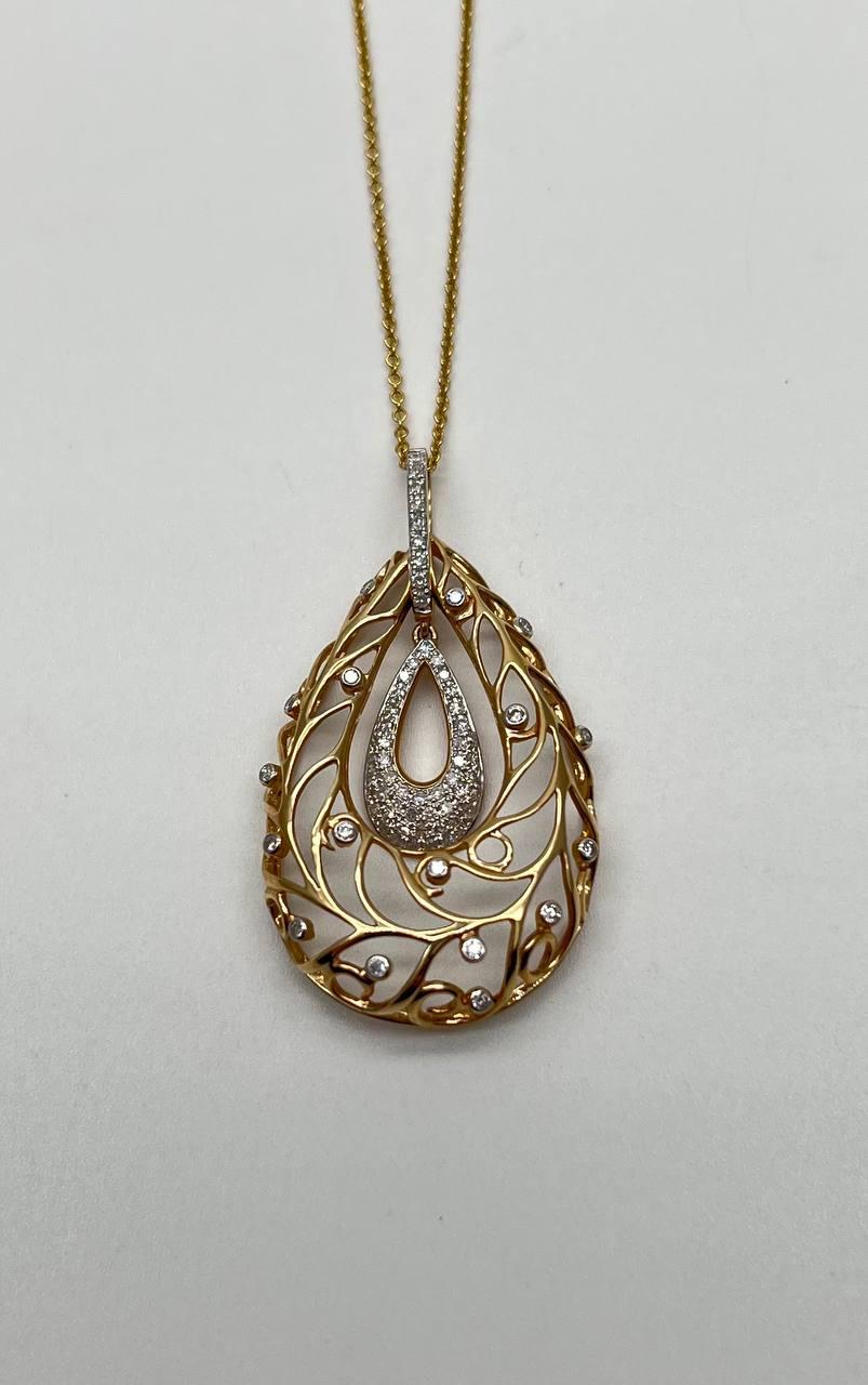 Diamond Nature Inspired Branch Scroll Leaf Pave Set 14K Gold Pendant Necklace