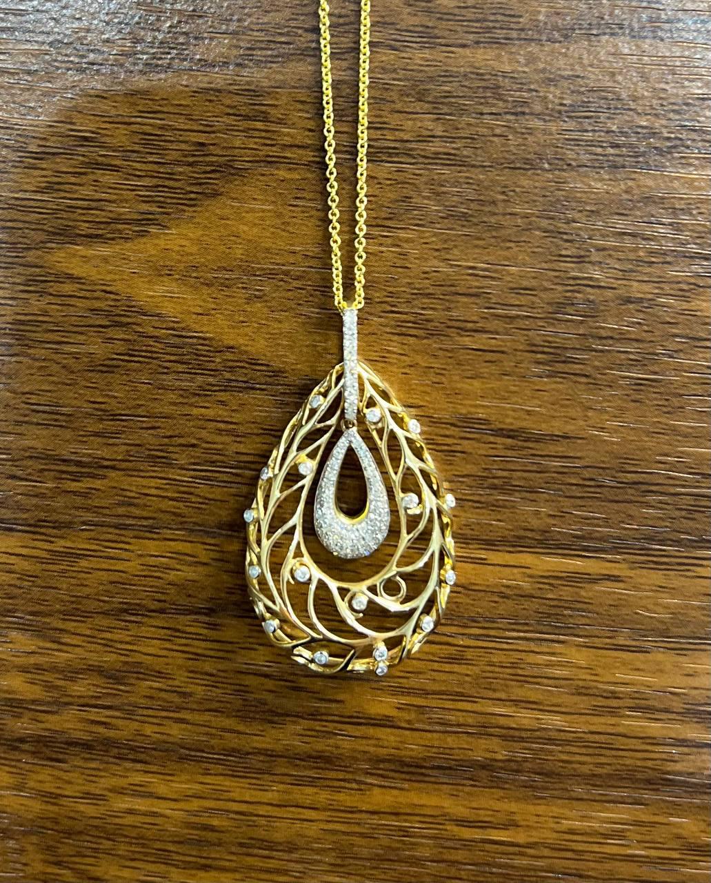 Diamond Nature Inspired Branch Scroll Leaf Pave Set 14K Gold Pendant Necklace