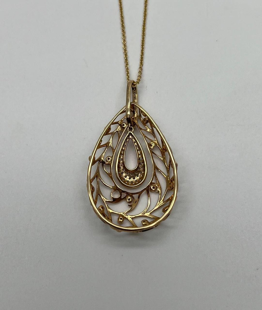 Diamond Nature Inspired Branch Scroll Leaf Pave Set 14K Gold Pendant Necklace