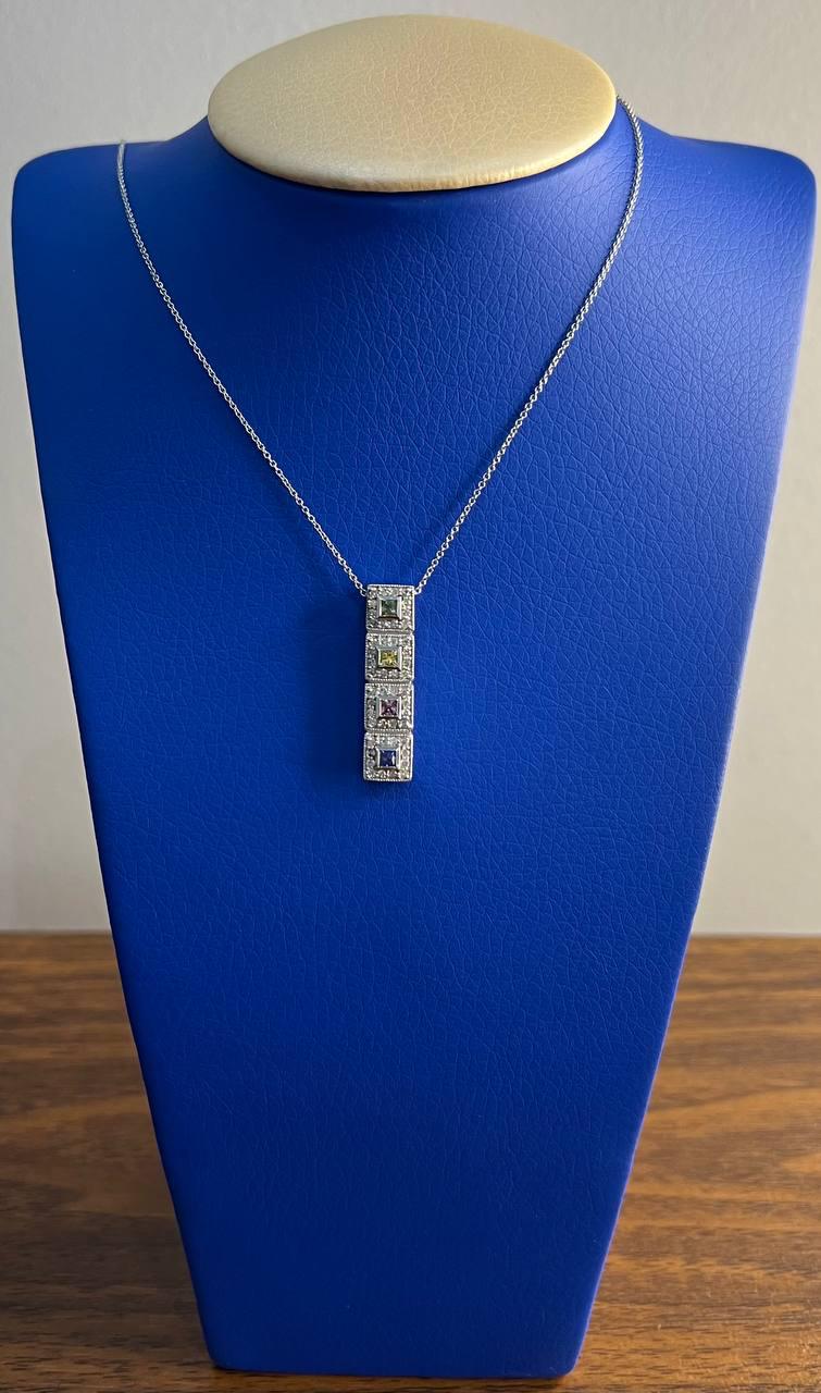 Square Shape Multi Color Sapphires Diamond Halo 14K White Gold Pendant Necklace