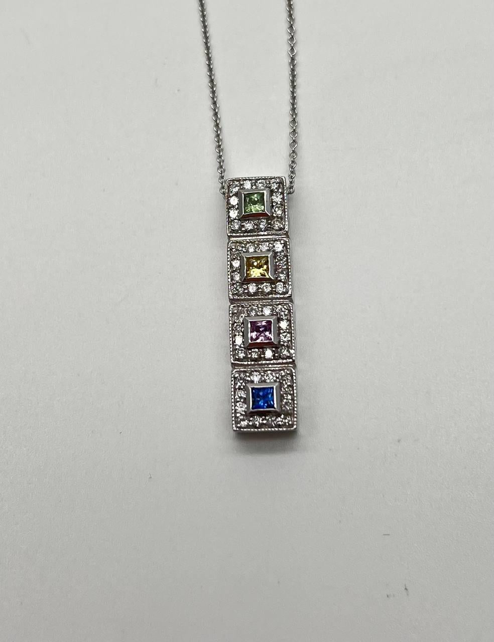 Square Shape Multi Color Sapphires Diamond Halo 14K White Gold Pendant Necklace
