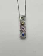 Square Shape Multi Color Sapphires Diamond Halo 14K White Gold Pendant Necklace