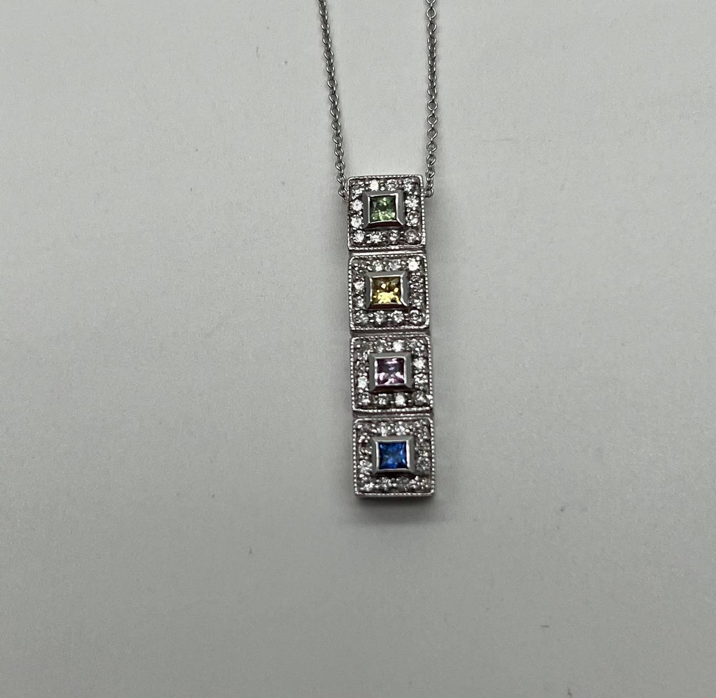 Square Shape Multi Color Sapphires Diamond Halo 14K White Gold Pendant Necklace