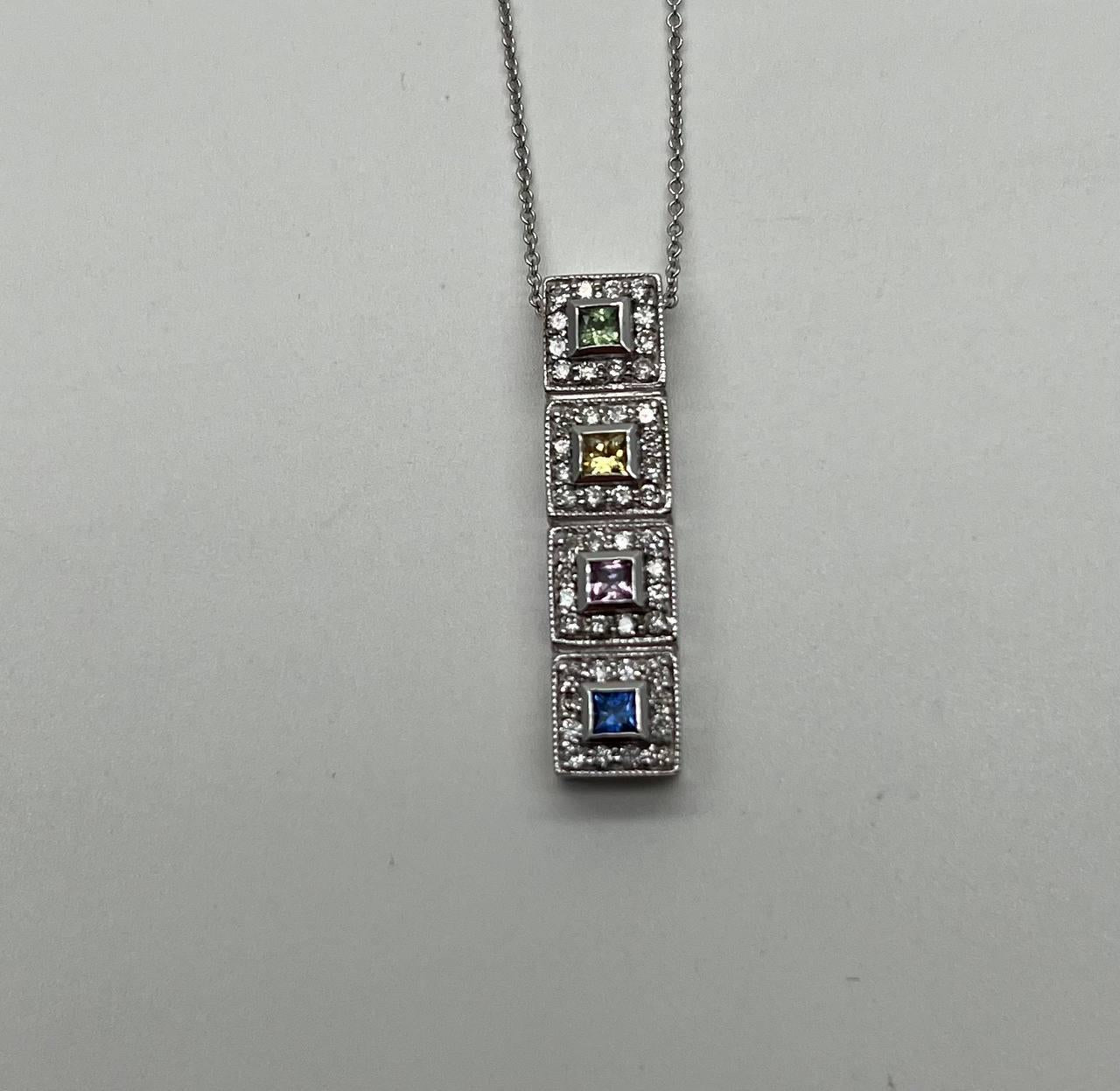 Square Shape Multi Color Sapphires Diamond Halo 14K White Gold Pendant Necklace