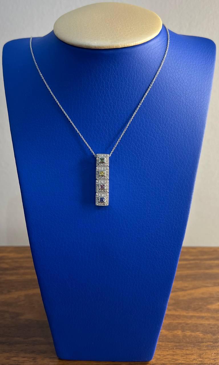 Square Shape Multi Color Sapphires Diamond Halo 14K White Gold Pendant Necklace