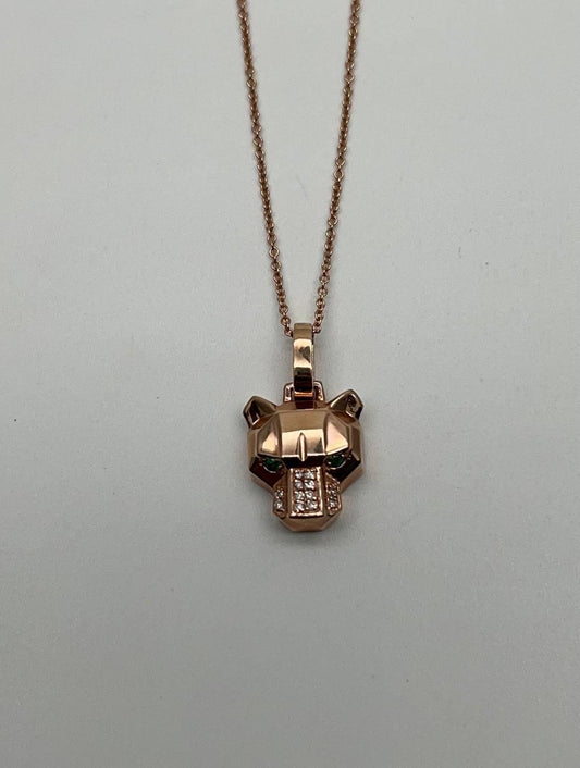 Panther Leopard Jaguar Lion Rose Gold Green Emerald Eye Diamond Pendant Necklace