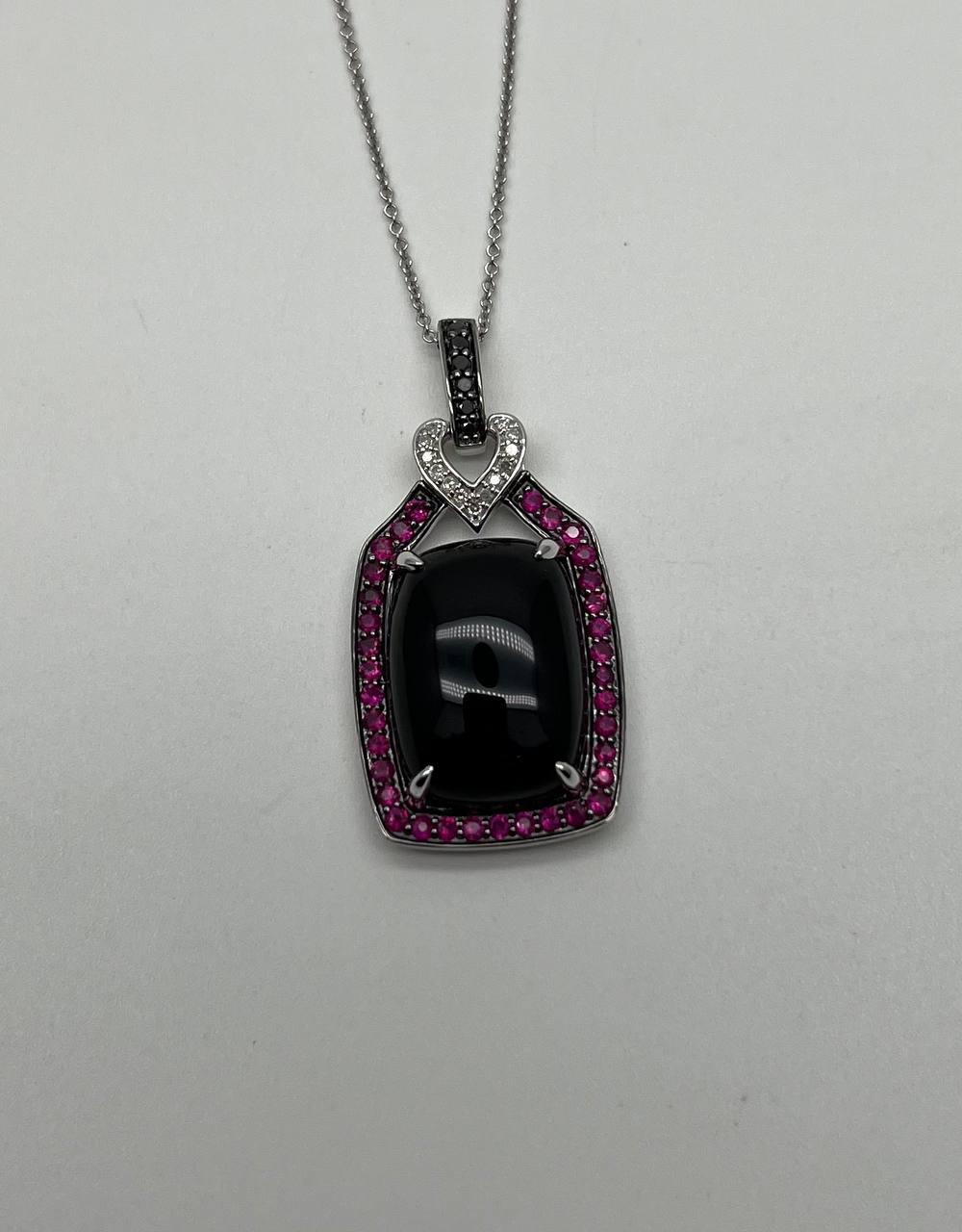 Black Onyx Red Pink Ruby White Diamond Halo 14K White Gold Pendant Necklace