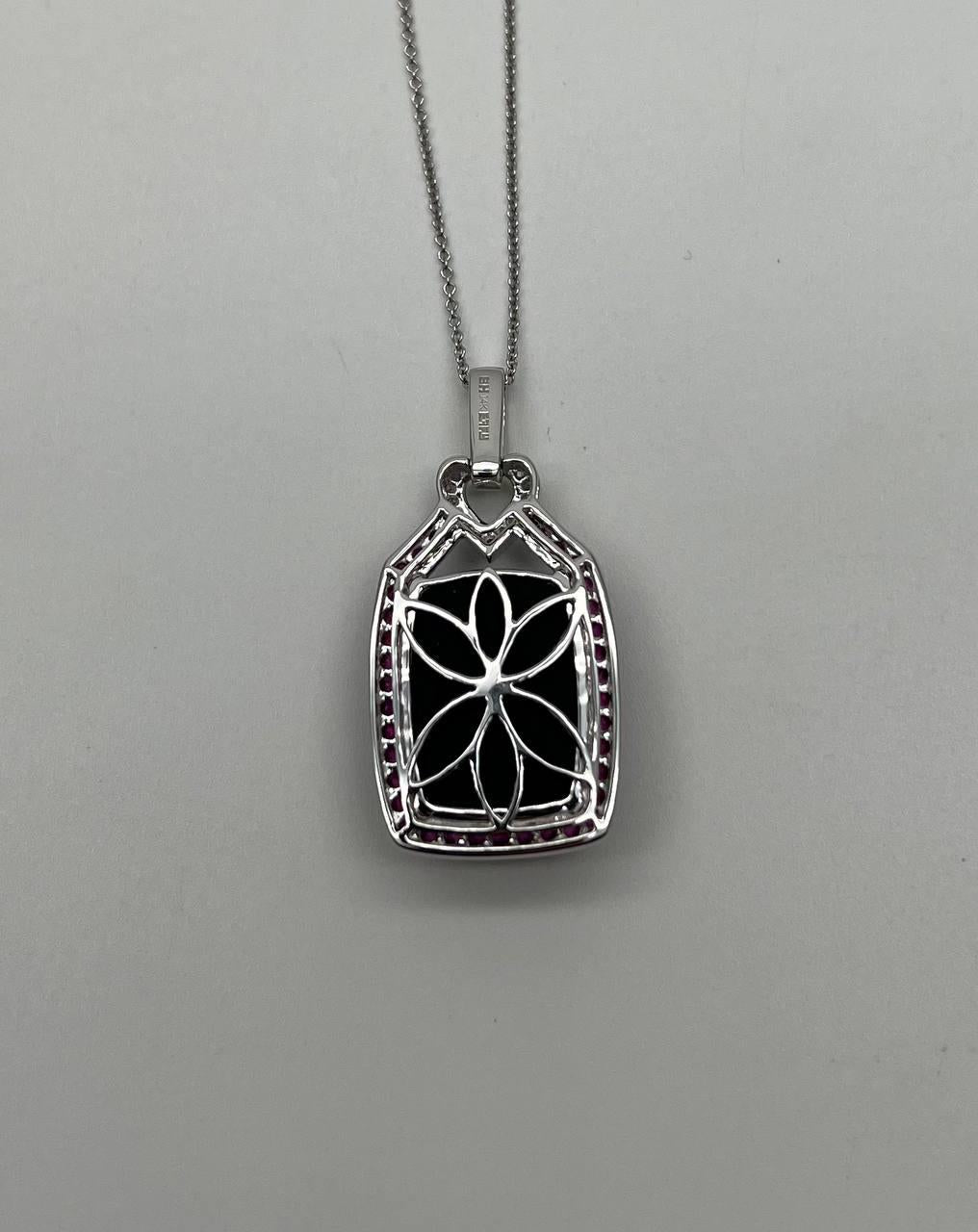 Black Onyx Red Pink Ruby White Diamond Halo 14K White Gold Pendant Necklace