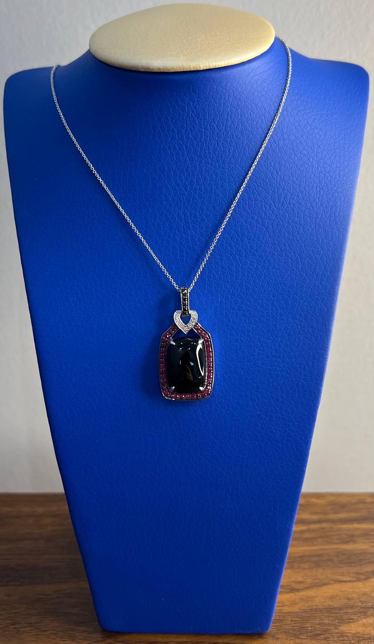 Black Onyx Red Pink Ruby White Diamond Halo 14K White Gold Pendant Necklace