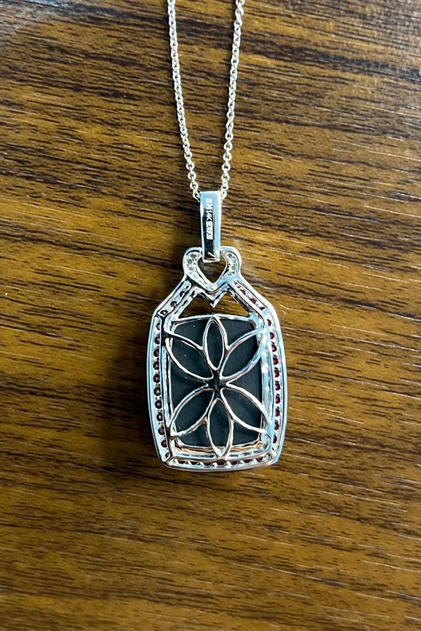 Black Onyx Red Pink Ruby White Diamond Halo 14K White Gold Pendant Necklace