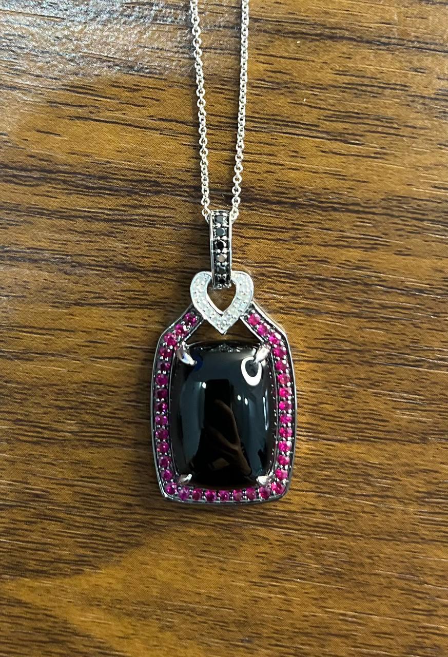 Black Onyx Red Pink Ruby White Diamond Halo 14K White Gold Pendant Necklace