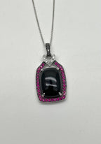 Black Onyx Red Pink Ruby White Diamond Halo 14K White Gold Pendant Necklace
