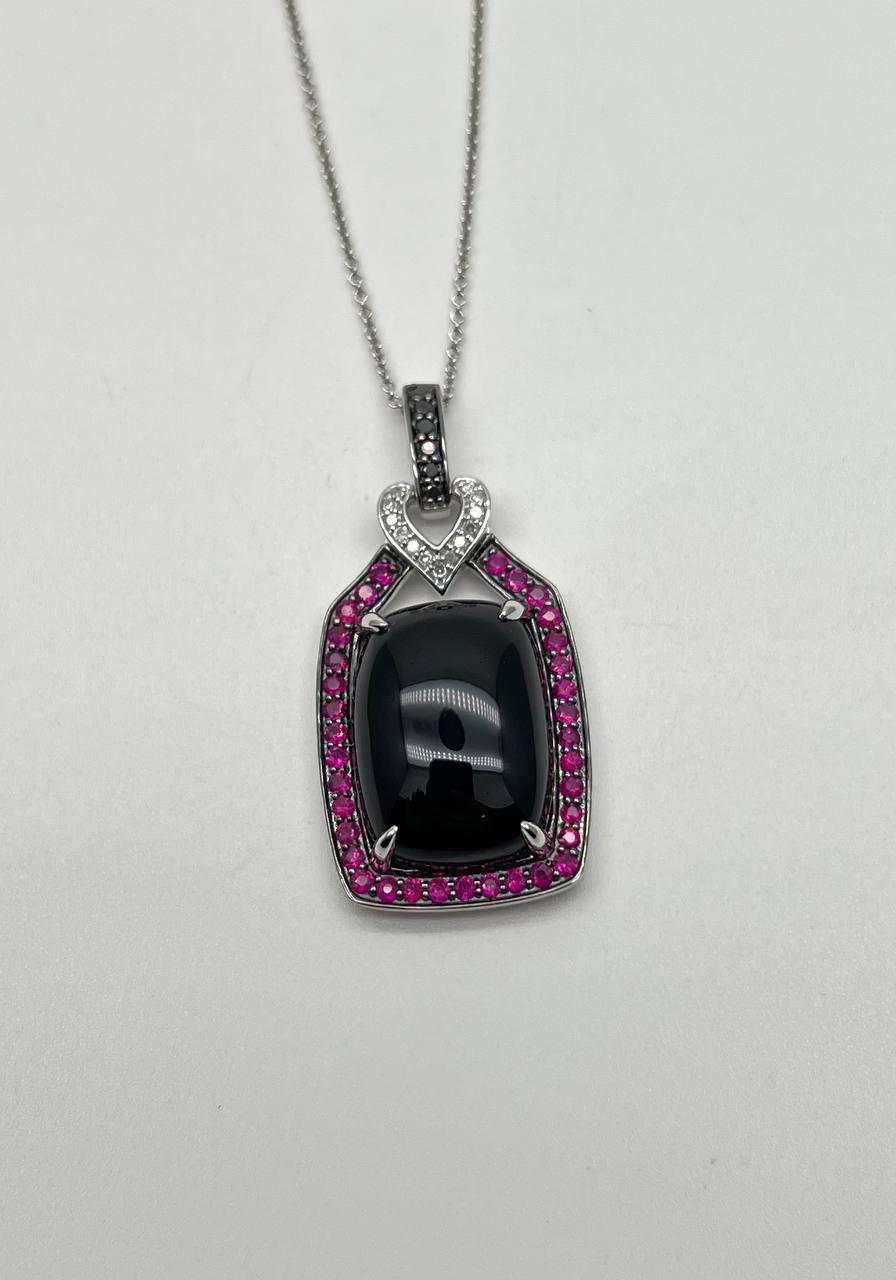 Black Onyx Red Pink Ruby White Diamond Halo 14K White Gold Pendant Necklace
