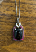 Black Onyx Red Pink Ruby White Diamond Halo 14K White Gold Pendant Necklace