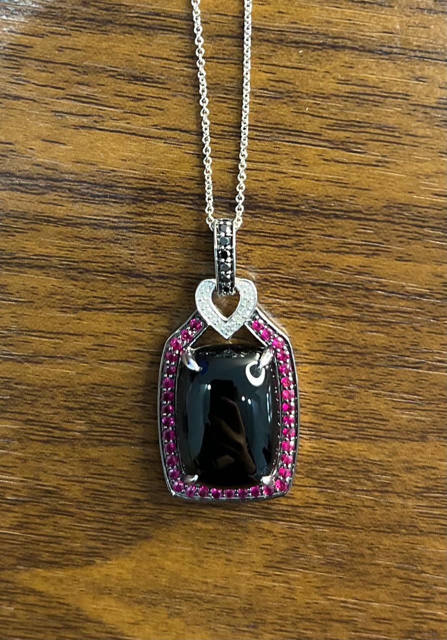 Black Onyx Red Pink Ruby White Diamond Halo 14K White Gold Pendant Necklace