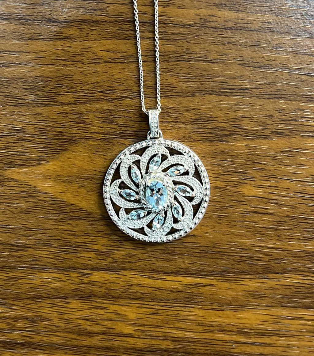Blue Aquamarine Floral Motif Diamond 14K White Gold Pendant Medallion Necklace