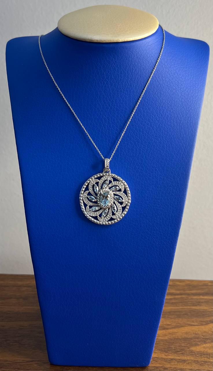 Blue Aquamarine Floral Motif Diamond 14K White Gold Pendant Medallion Necklace