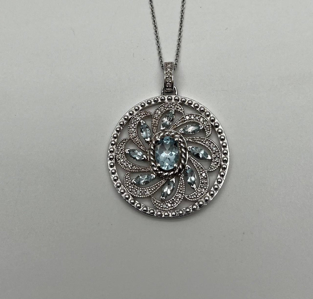 Blue Aquamarine Floral Motif Diamond 14K White Gold Pendant Medallion Necklace