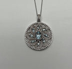 Blue Aquamarine Floral Motif Diamond 14K White Gold Pendant Medallion Necklace