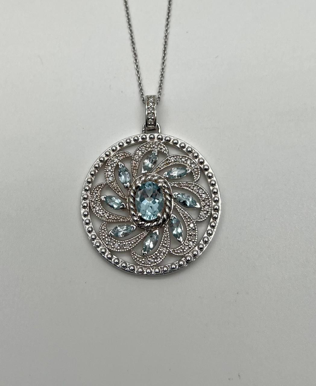 Blue Aquamarine Floral Motif Diamond 14K White Gold Pendant Medallion Necklace