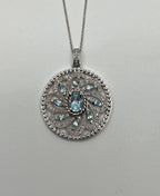 Blue Aquamarine Floral Motif Diamond 14K White Gold Pendant Medallion Necklace