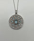 Blue Aquamarine Floral Motif Diamond 14K White Gold Pendant Medallion Necklace