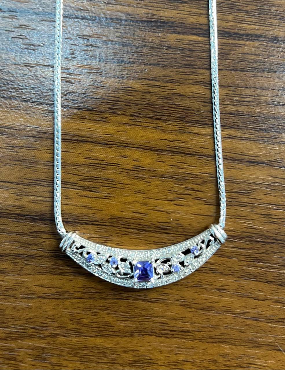 Square Blue Tanzanite White Diamonds Pave 14K White Gold Bib Pendant Necklace