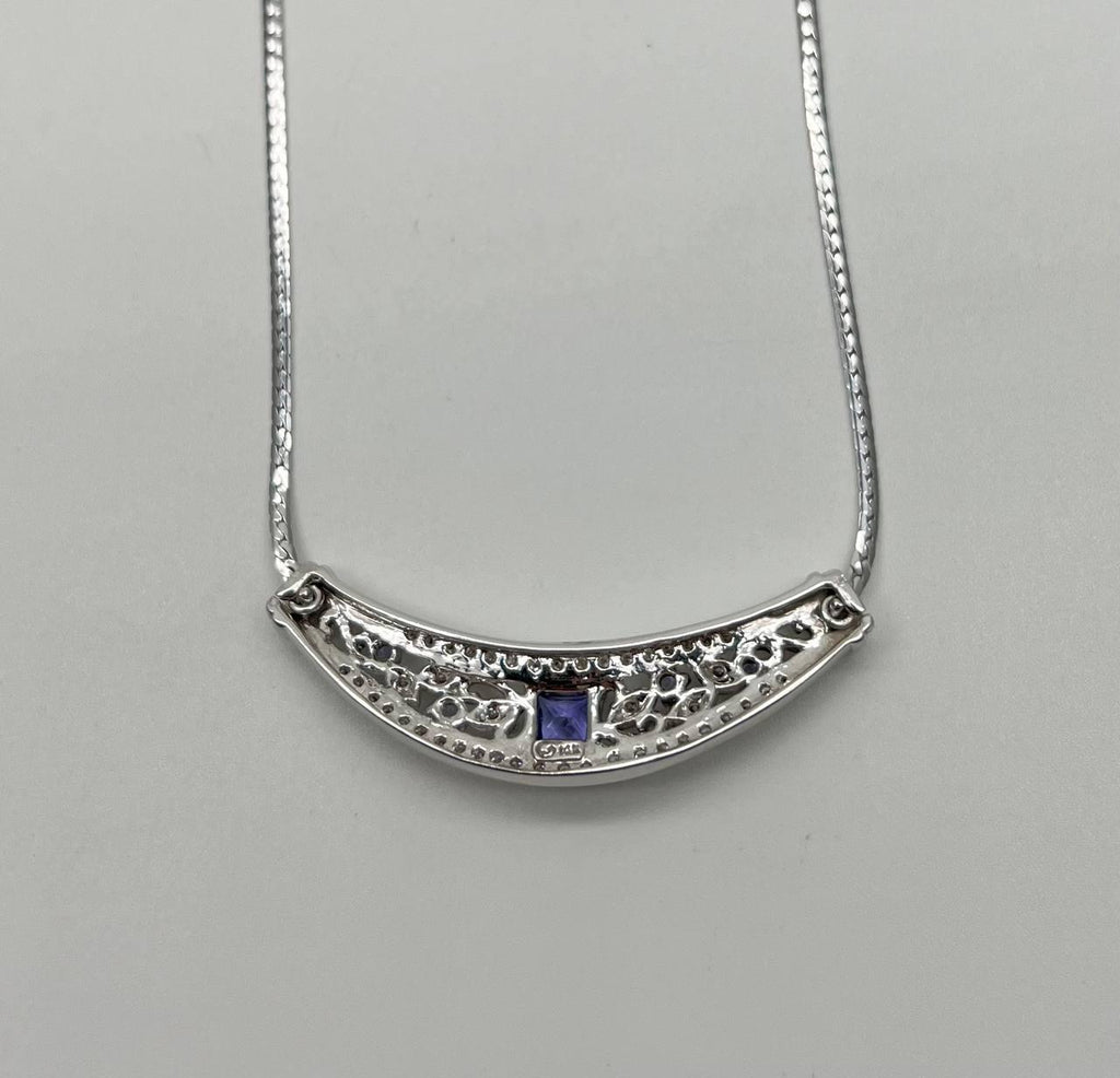 Square Blue Tanzanite White Diamonds Pave 14K White Gold Bib Pendant Necklace