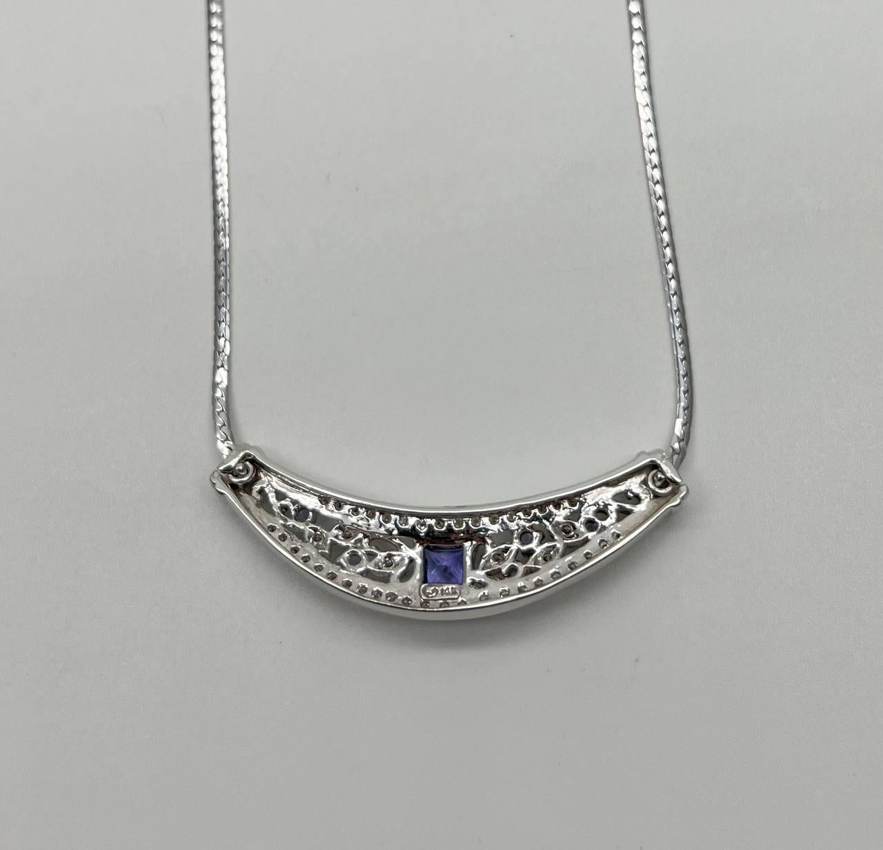 Square Blue Tanzanite White Diamonds Pave 14K White Gold Bib Pendant Necklace
