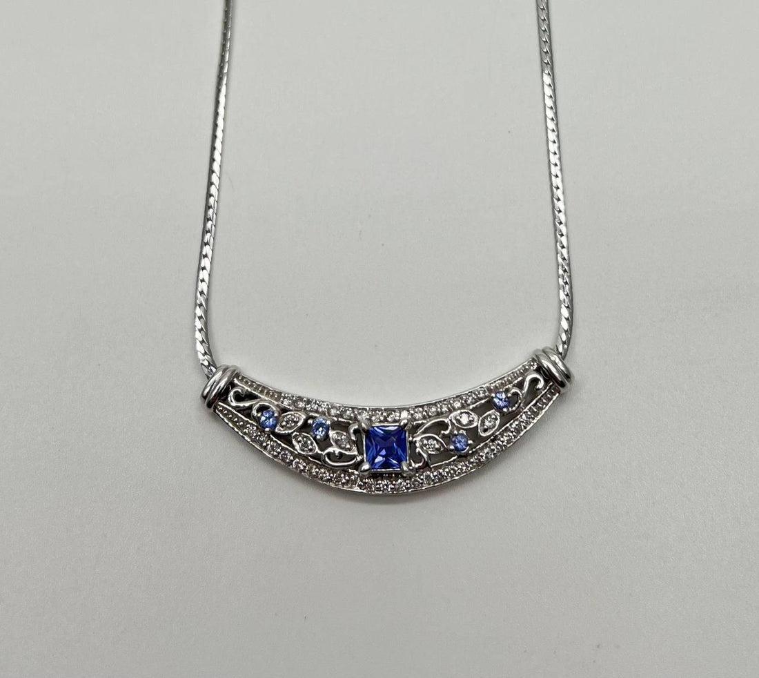 Square Blue Tanzanite White Diamonds Pave 14K White Gold Bib Pendant Necklace