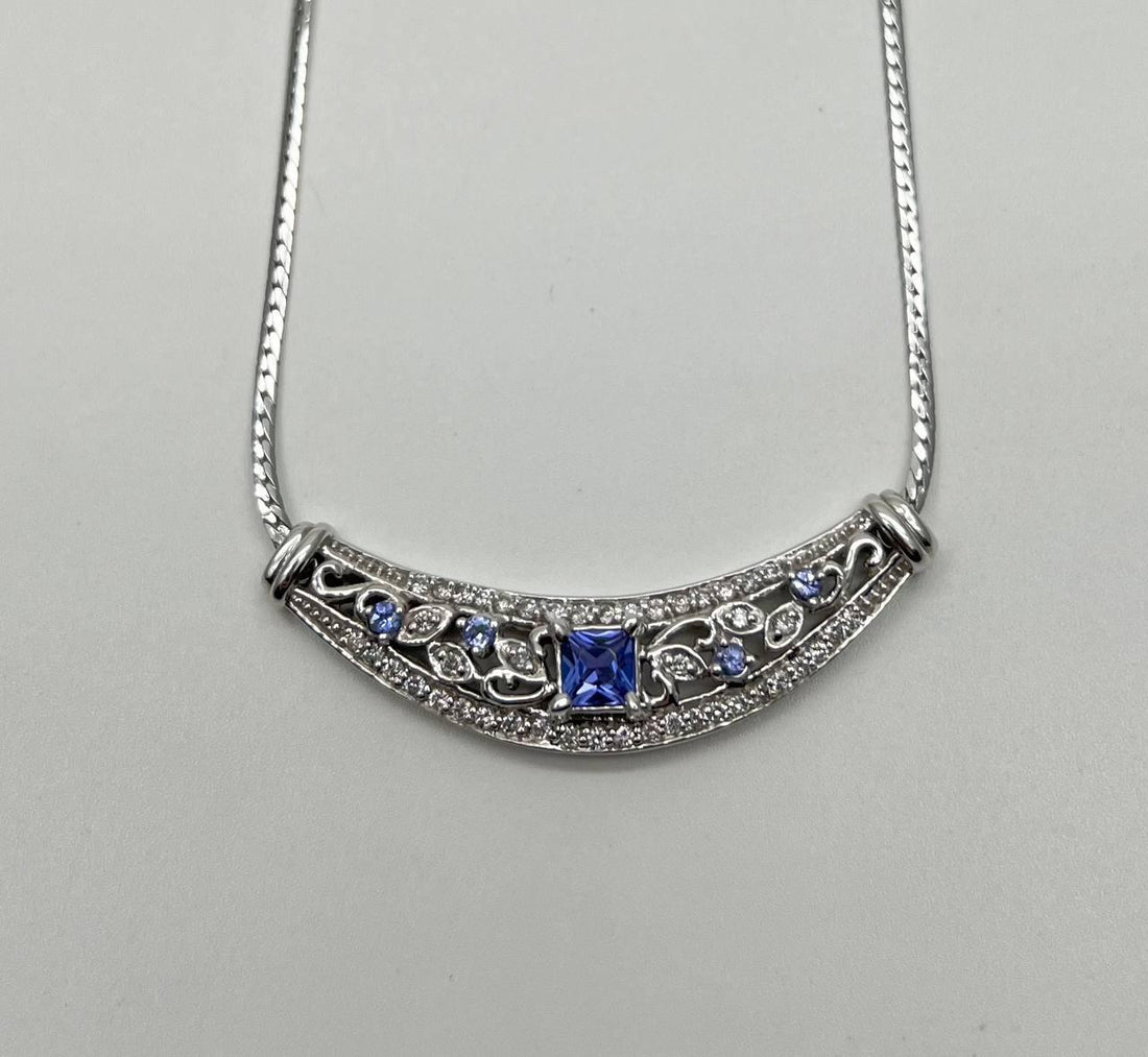 Square Blue Tanzanite White Diamonds Pave 14K White Gold Bib Pendant Necklace