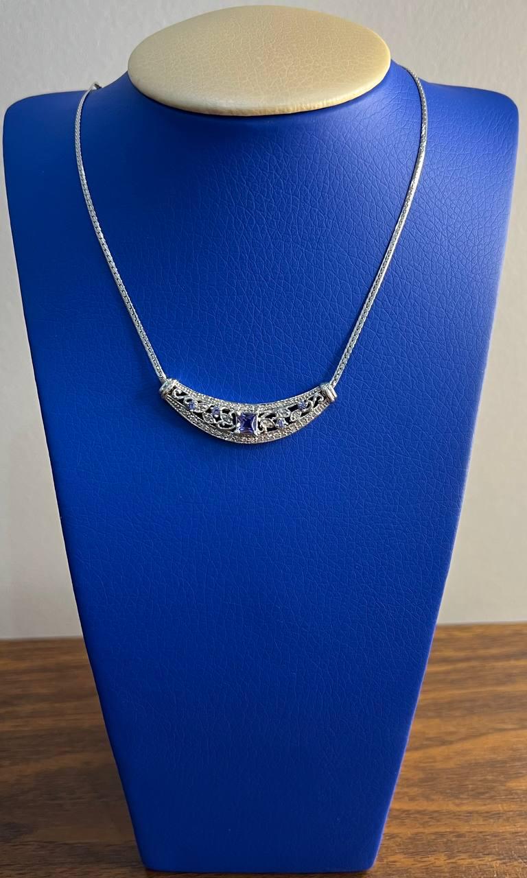Square Blue Tanzanite White Diamonds Pave 14K White Gold Bib Pendant Necklace