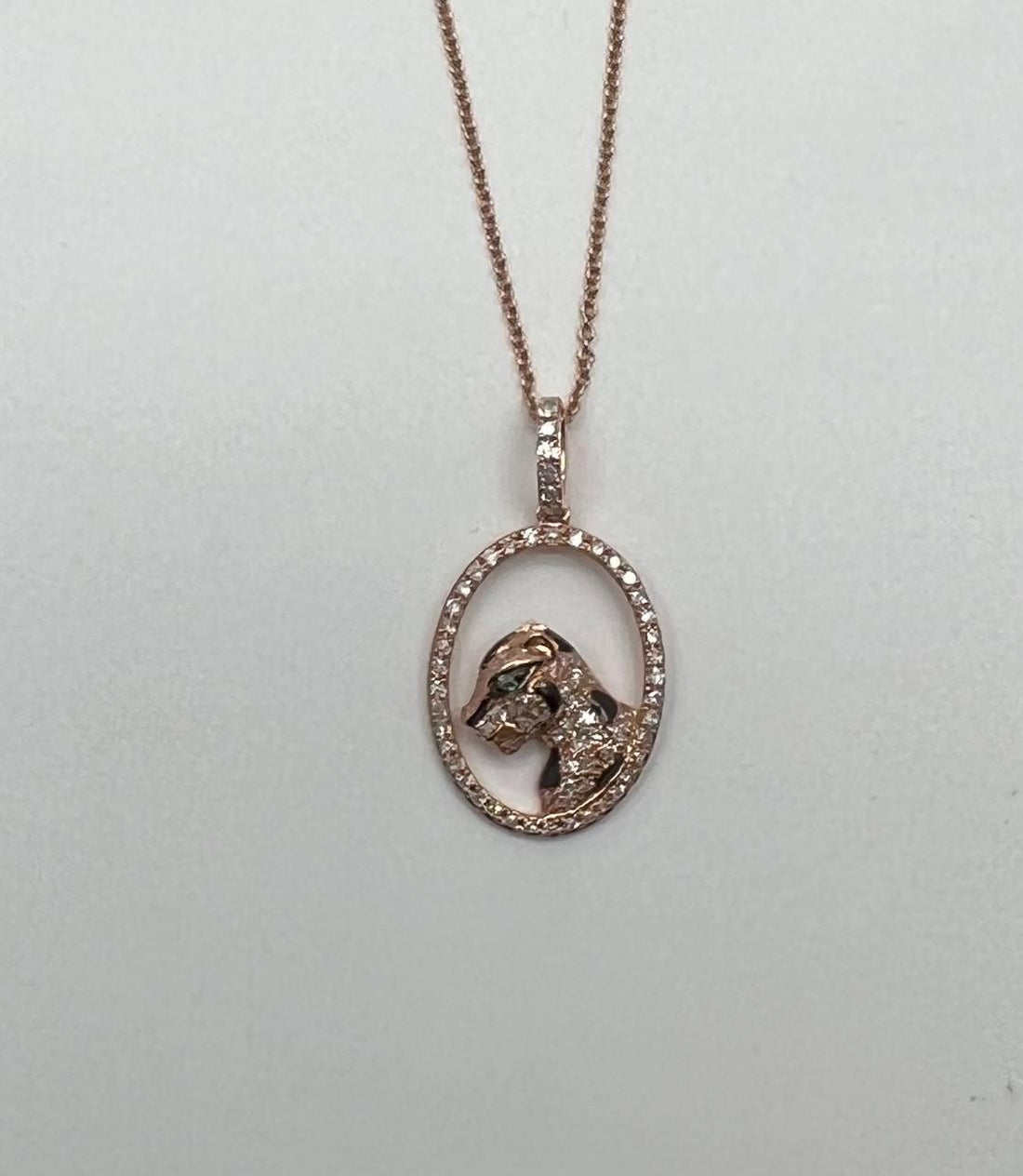 Diamond Leopard Jaguar Panther Halo 14K Rose Gold Pendant Medallion Necklace