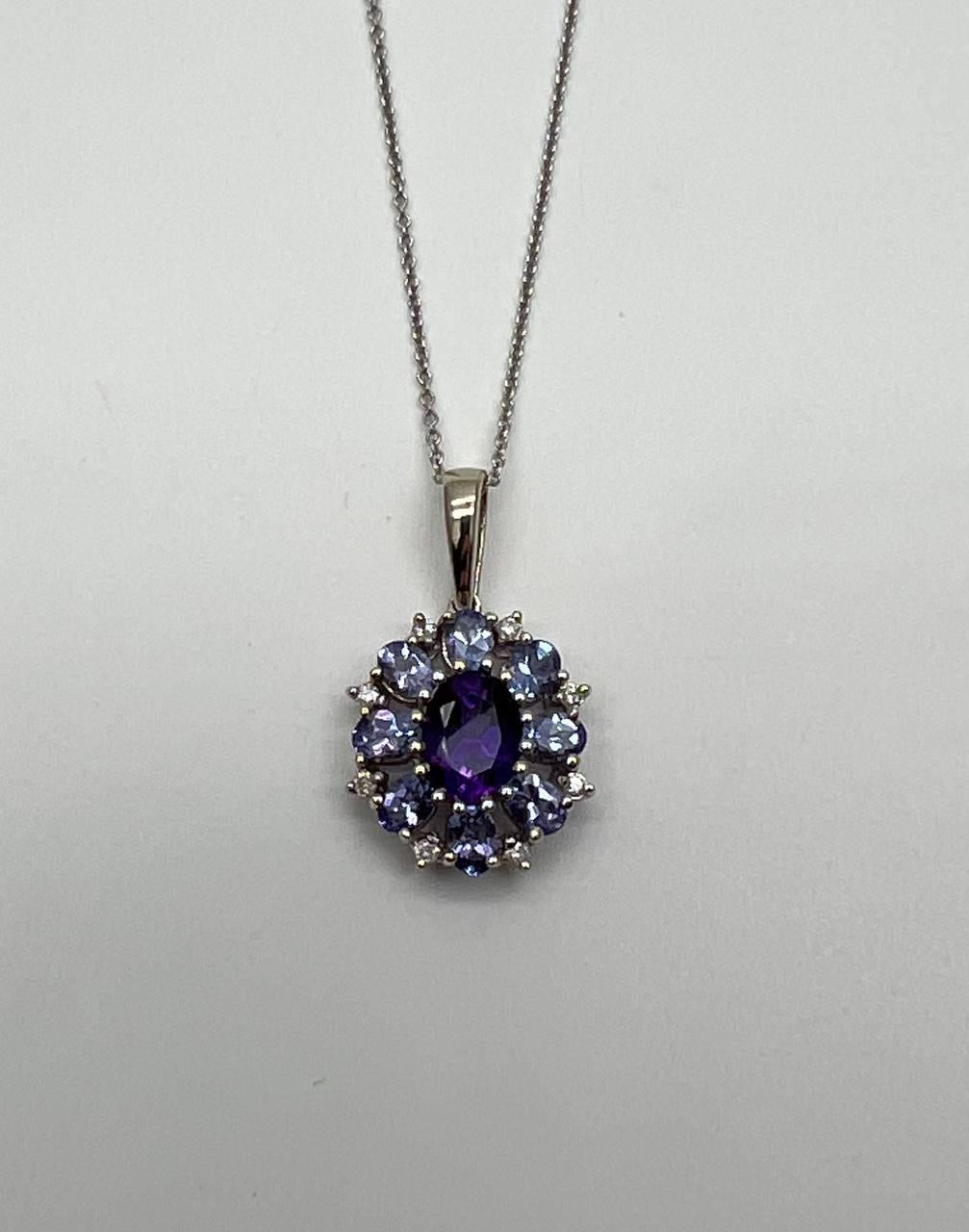 Purple Violet Amethyst & Blue Sapphire Diamond 14K White Gold Pendant Necklace